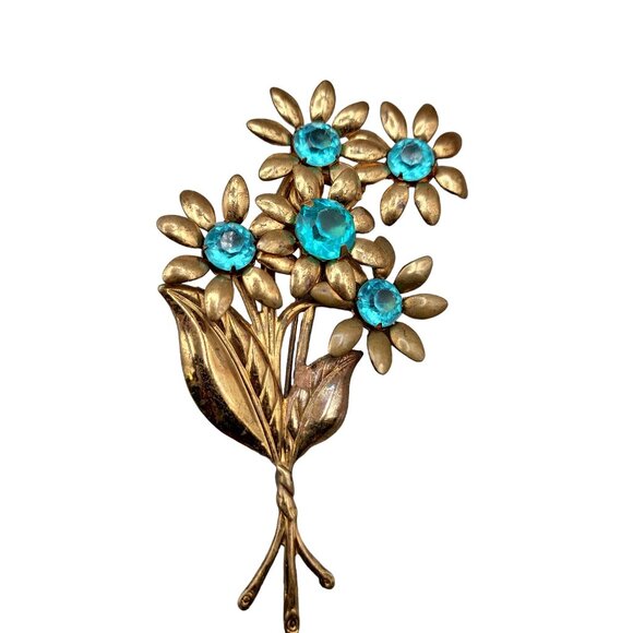 Unsigned Early Miriam Haskell Flower Brooch Floral Bunch Blue Rhinestones - Picture 1 of 13